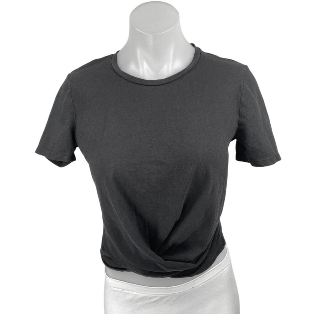Zara Women's Black Short Sleeve Twist Front Crew Neck Crop T Shirt Tee Top Sz M